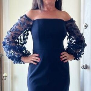 Blue gown with flower sleeve crepe bandeau